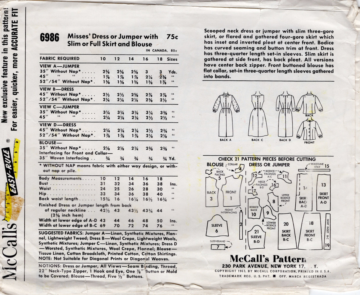 1960's McCall's Blouse and One Piece Dress Pattern with Scoop Fitted Waist and Two Skirt options - Bust 34" - No. 6986