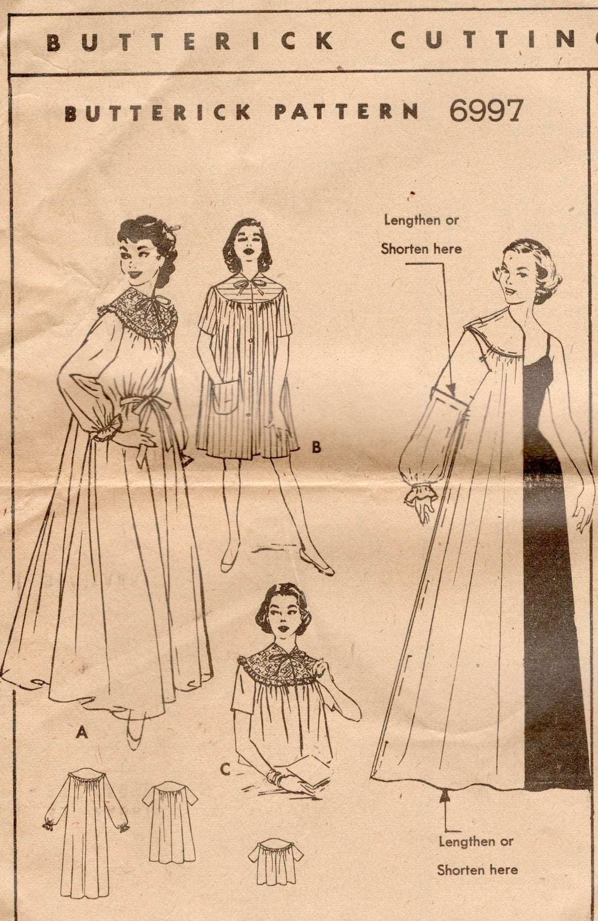 1950's Butterick Peignoir, Short Nightgown and Bedjacket Pattern - Bust 36" - No. 6997