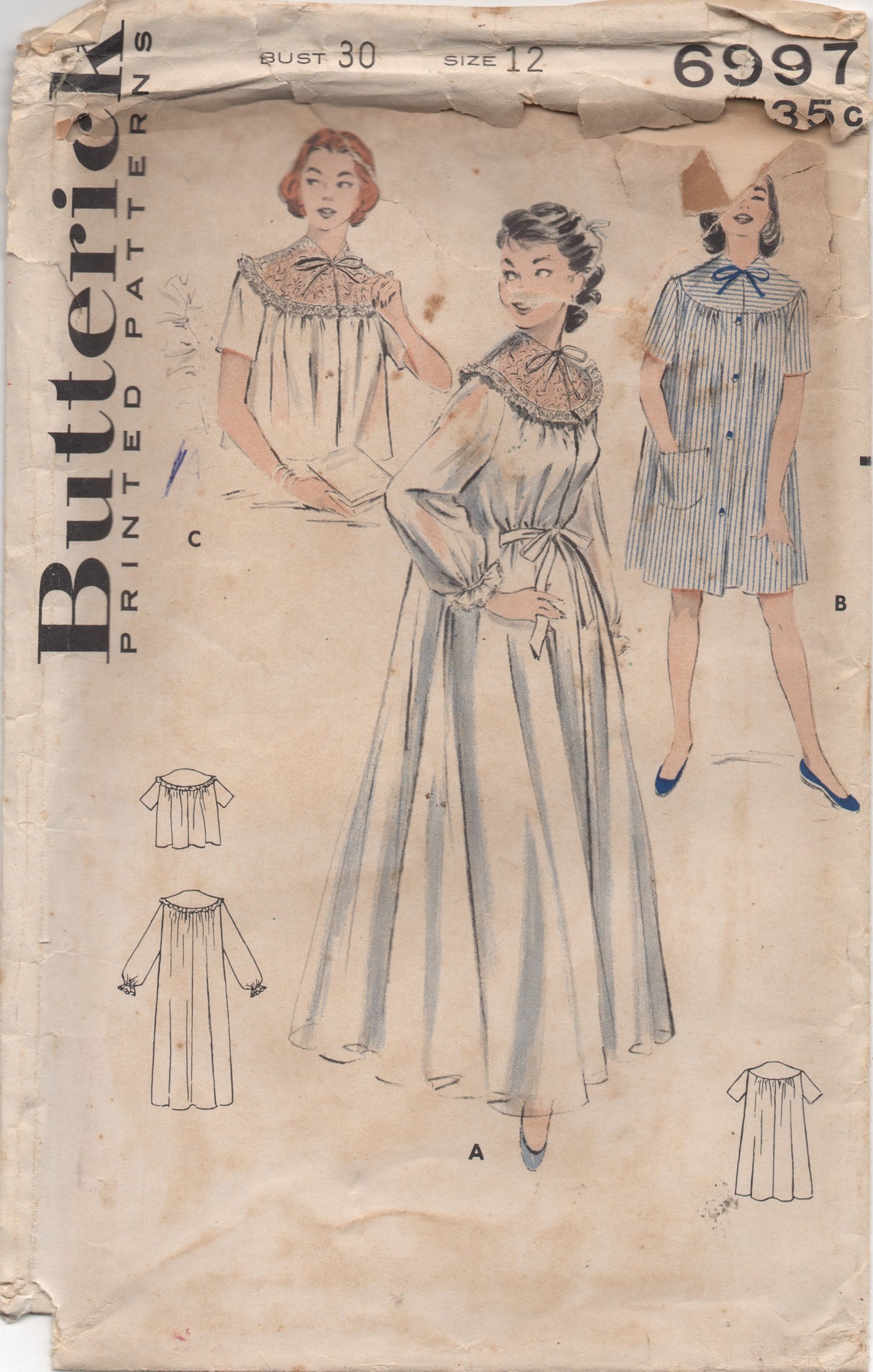1950's Butterick Peignoir, Short Nightgown and Bedjacket Pattern - Bust 36" - No. 6997