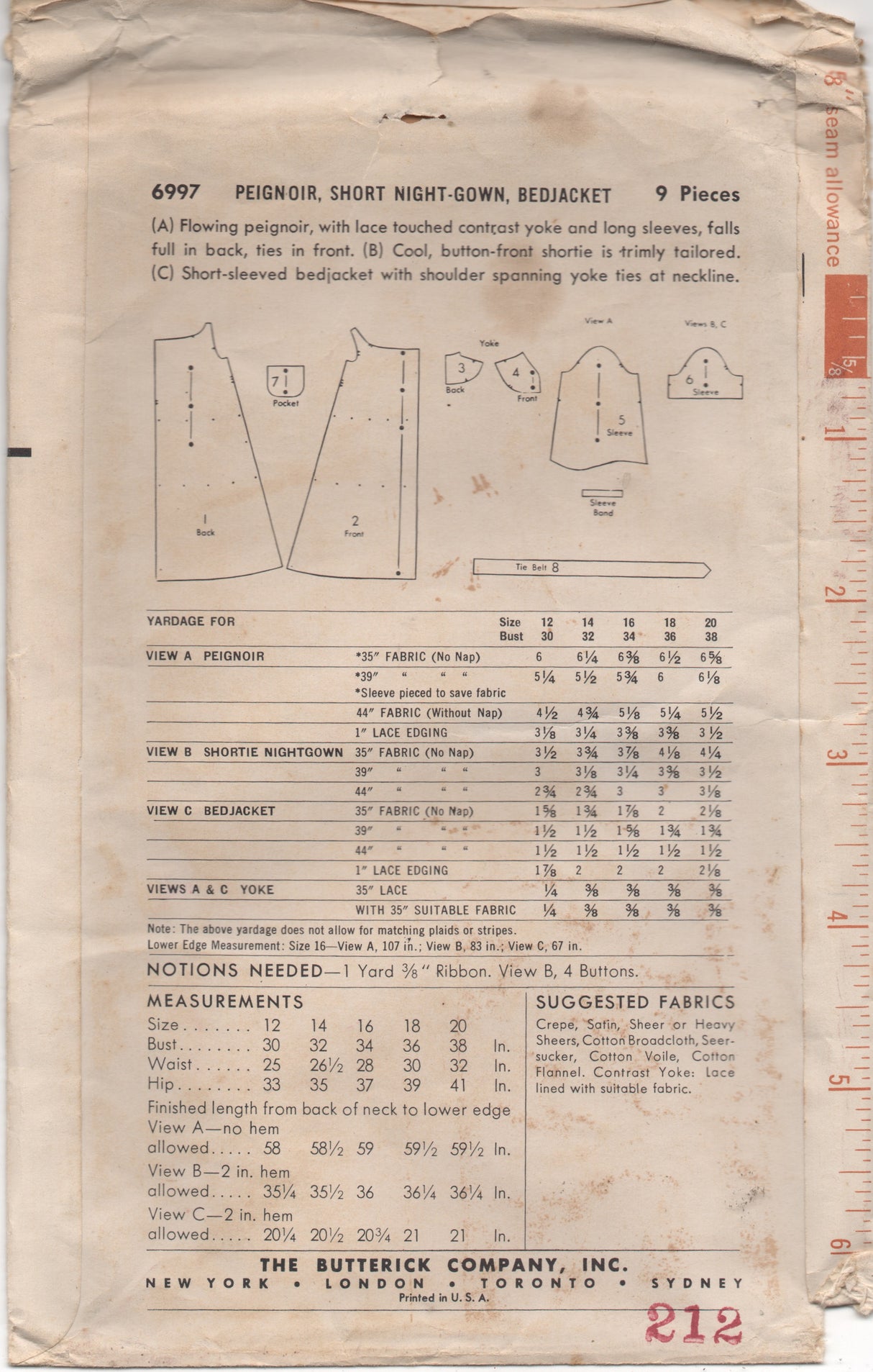 1950's Butterick Peignoir, Short Nightgown and Bedjacket Pattern - Bust 36" - No. 6997