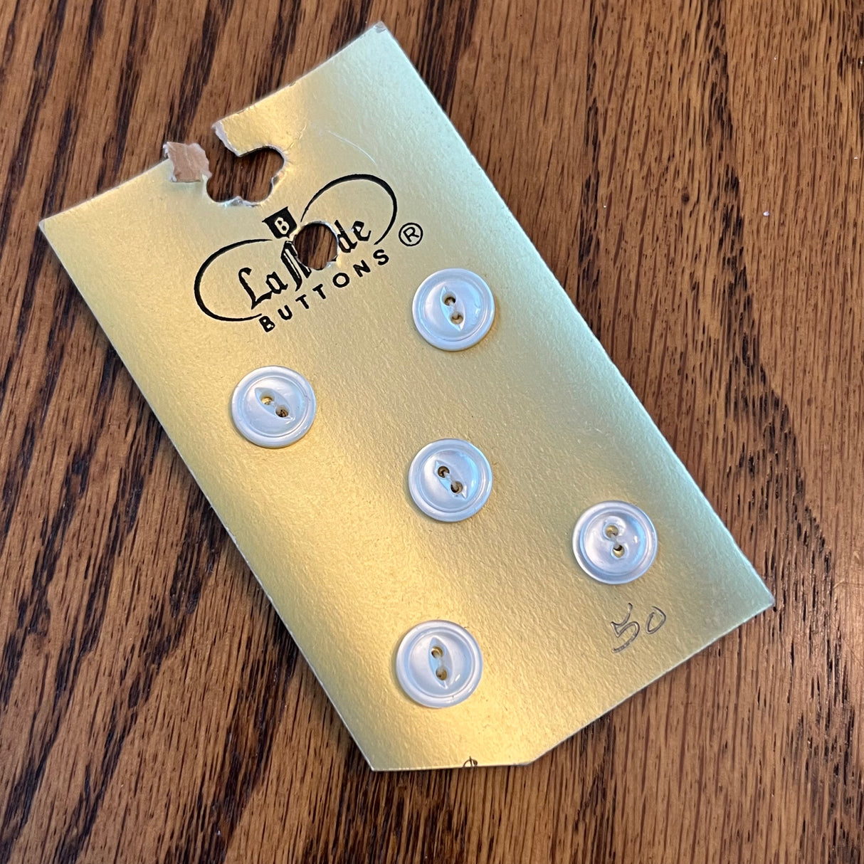 1970’s La Mode Mother of Pearl Style Buttons - White - Set of 5 - Size 15 - 3/8" - on card