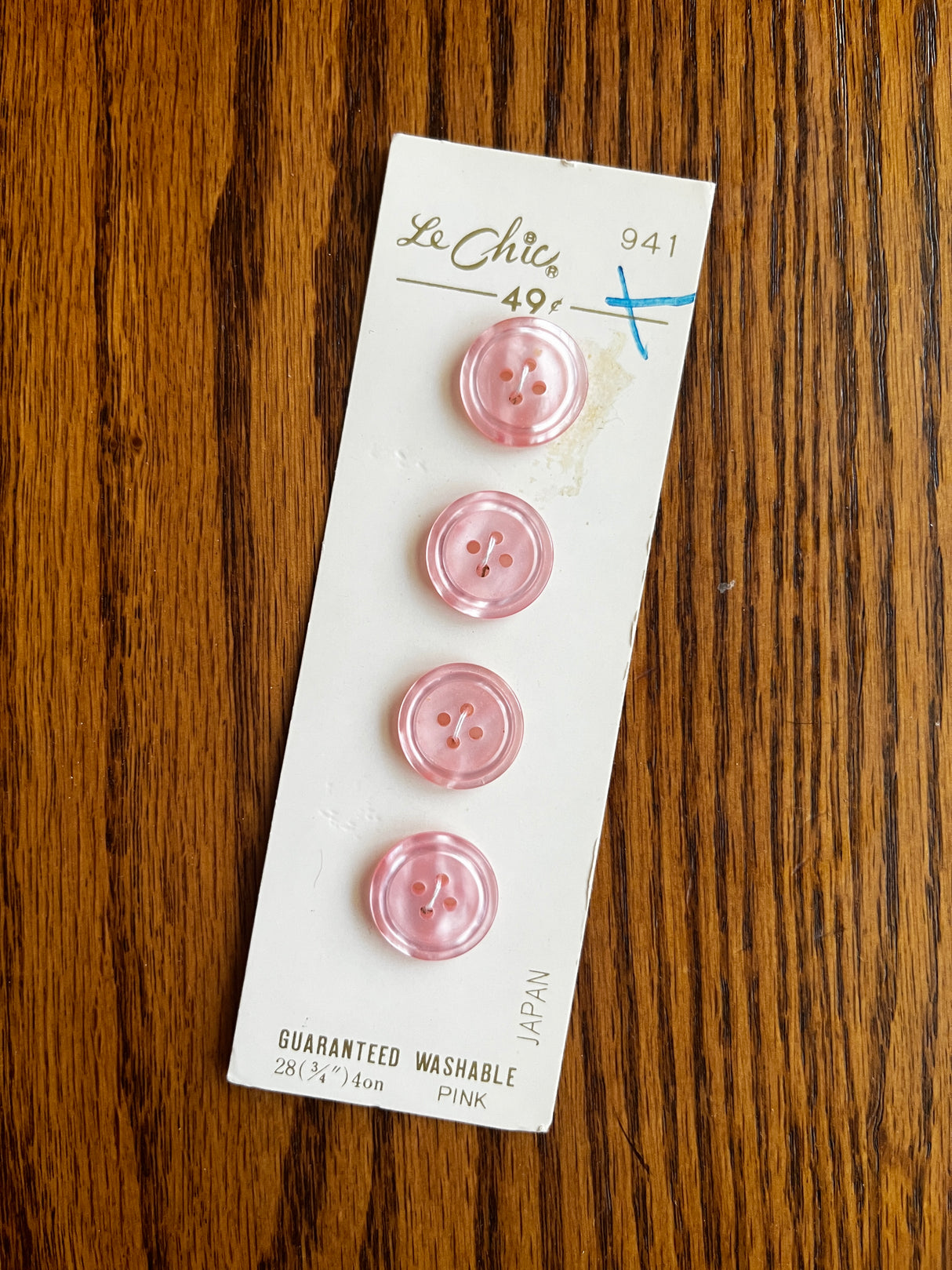 1980’s Le Chic Light Pink Pearlescent Plastic Buttons - Set of 4 - 3/4" - on card