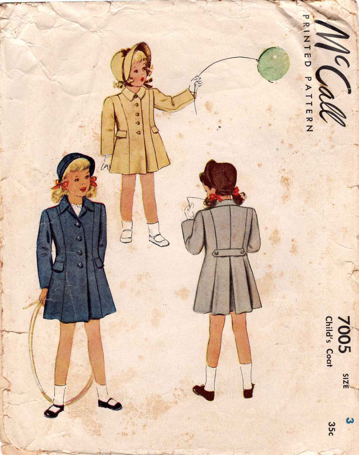 1940's McCall Child's Princess Line Coat Pattern - Sz 3 - Chest 22" - No. 7005