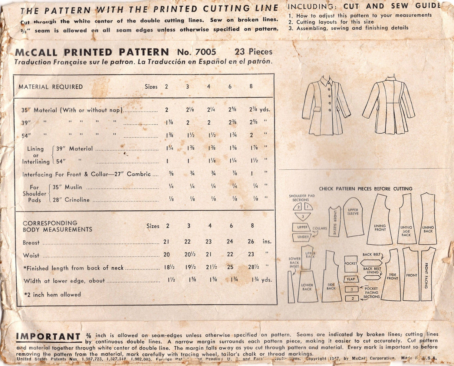 1940's McCall Child's Princess Line Coat Pattern - Sz 3 - Chest 22" - No. 7005
