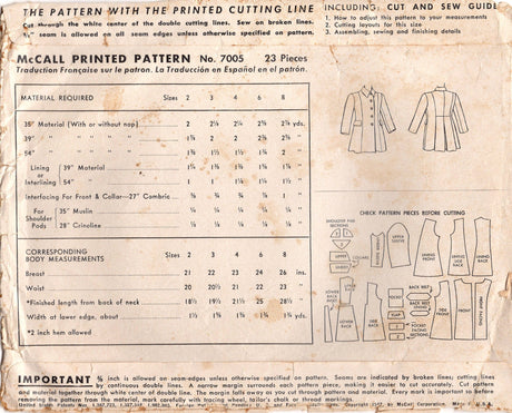1940's McCall Child's Princess Line Coat Pattern - Sz 3 - Chest 22" - No. 7005
