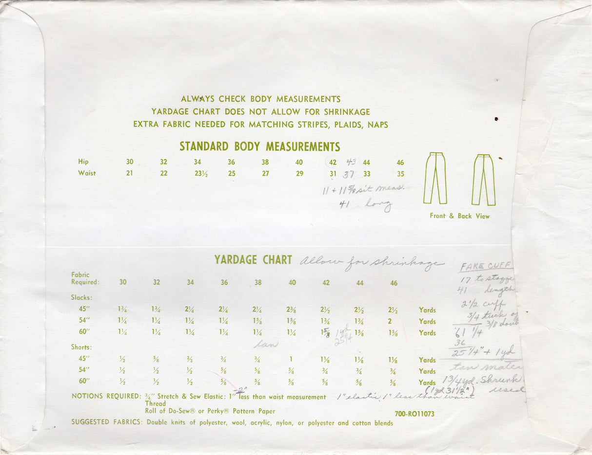 1960-70's Stretch & Sew Pants and Shorts pattern - Waist 21-37" - No. 700