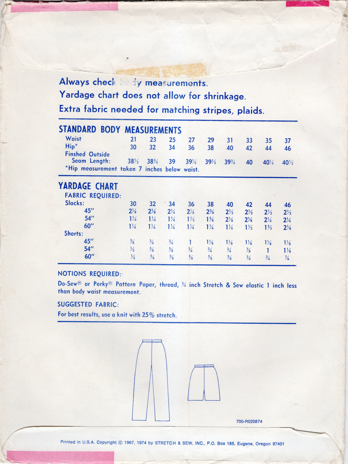 1960-70's Stretch & Sew Pants and Shorts pattern - Waist 21-37" - No. 700