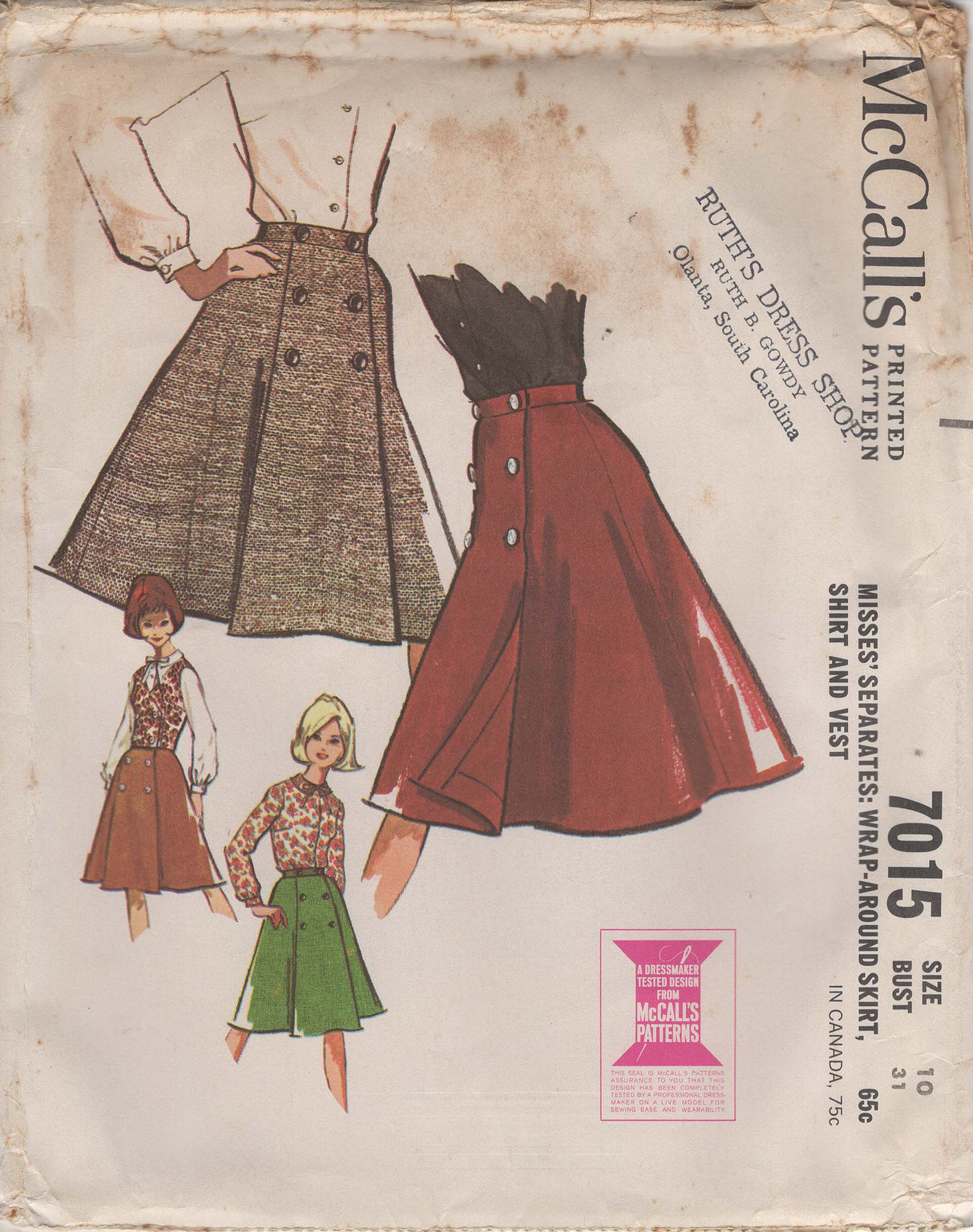 1960's McCall's Button Up Blouse, Vest and Wrap-Skirt - Bust 31" - No. 7015