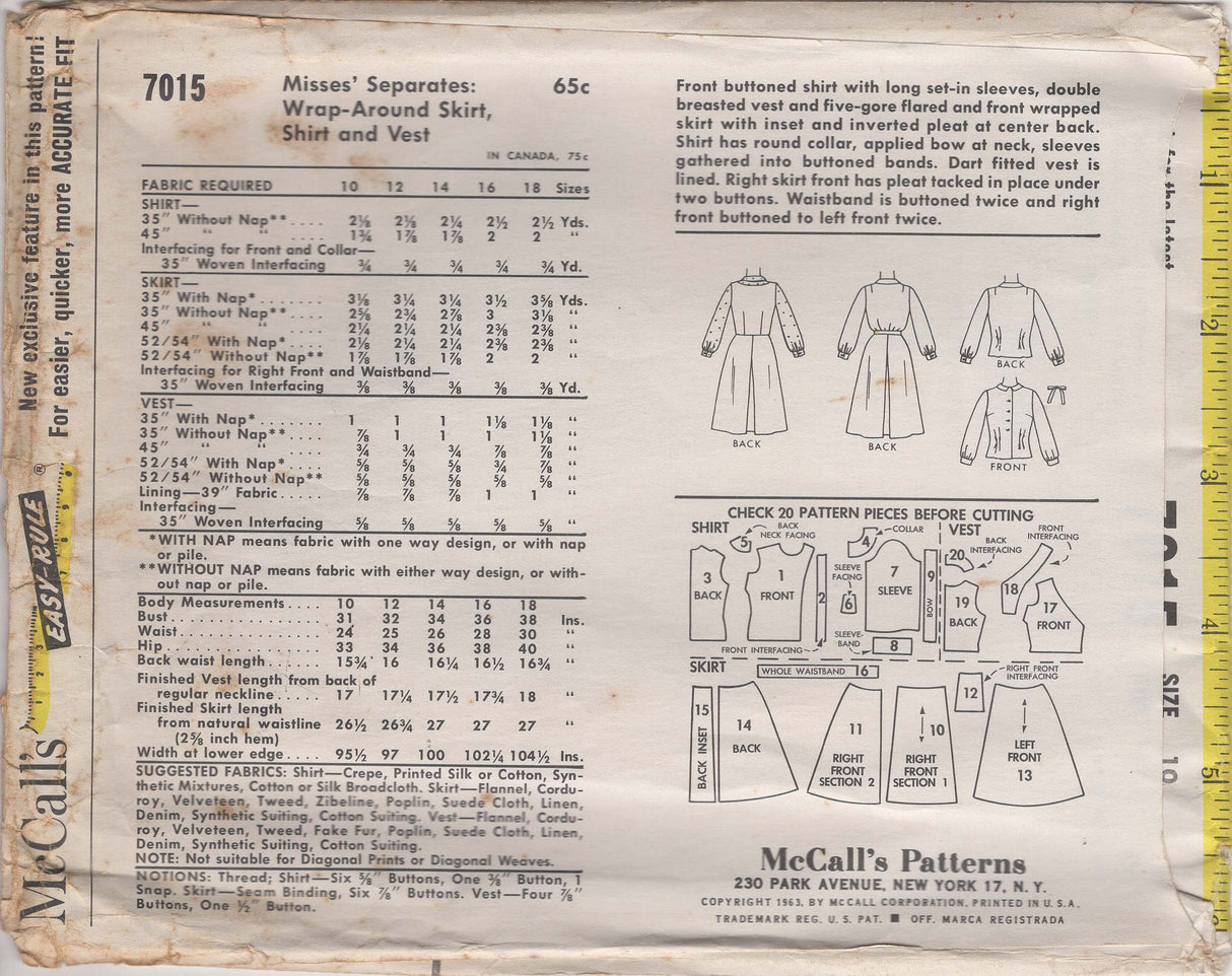 1960's McCall's Button Up Blouse, Vest and Wrap-Skirt - Bust 31" - No. 7015