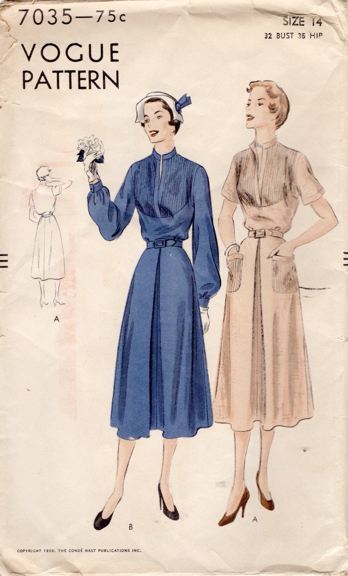 1950's Vogue Pin Tucked Bodice Dress Pattern with Patch Pockets - Bust 32" - No. 7035