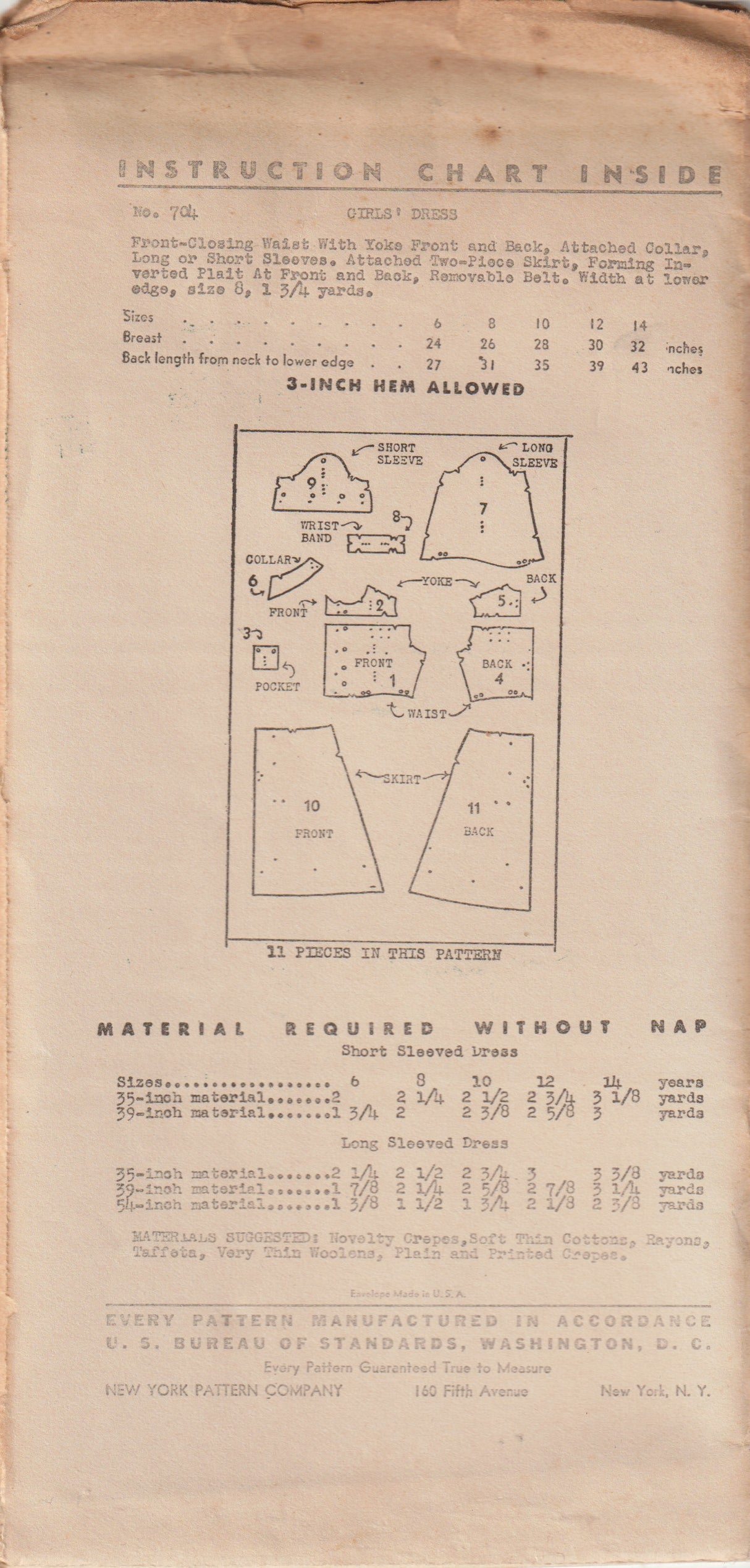 1930's New York Child's Shirtwaist Dress Pattern - Chest 28" - No. 704