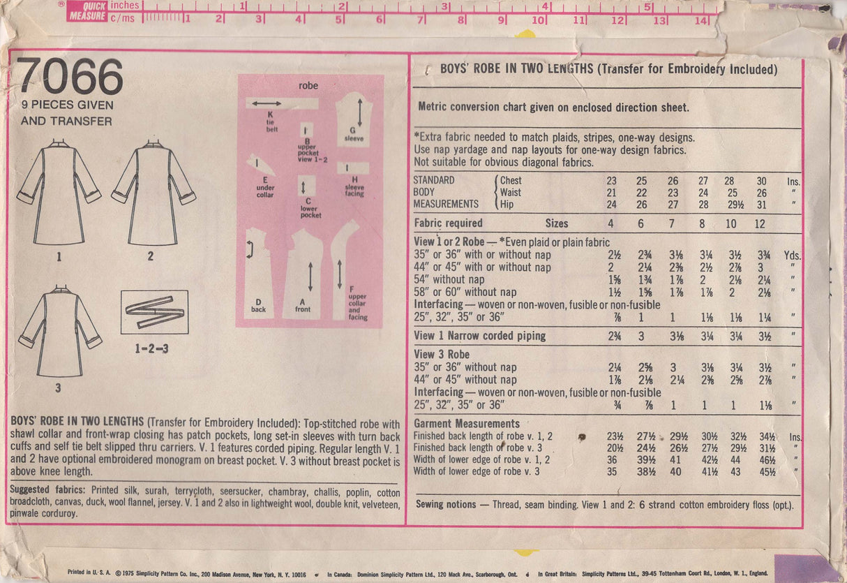1970's Simplicity Child’s Robe Pattern - Chest 26-27" - No. 7066