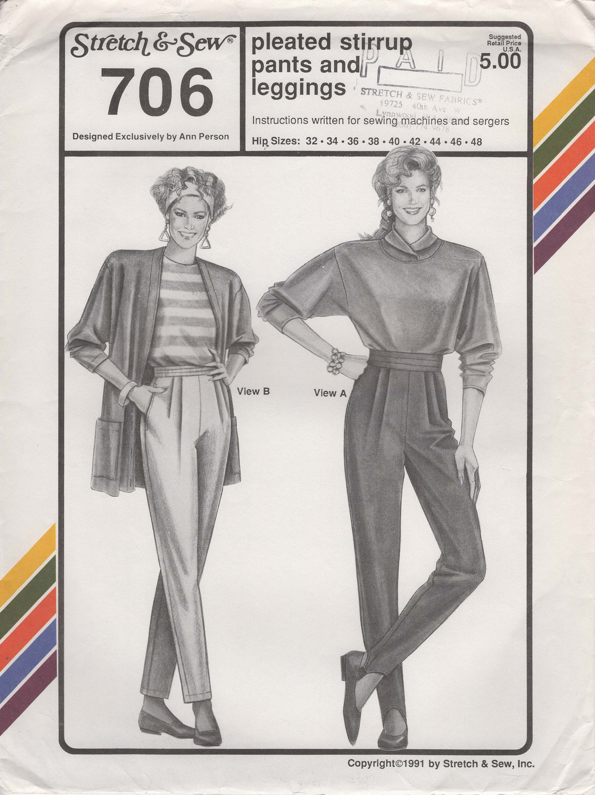1990's Stretch & Sew Pleated Stirrup Pants and Leggings Pattern – Waist 22-38" - No. 706