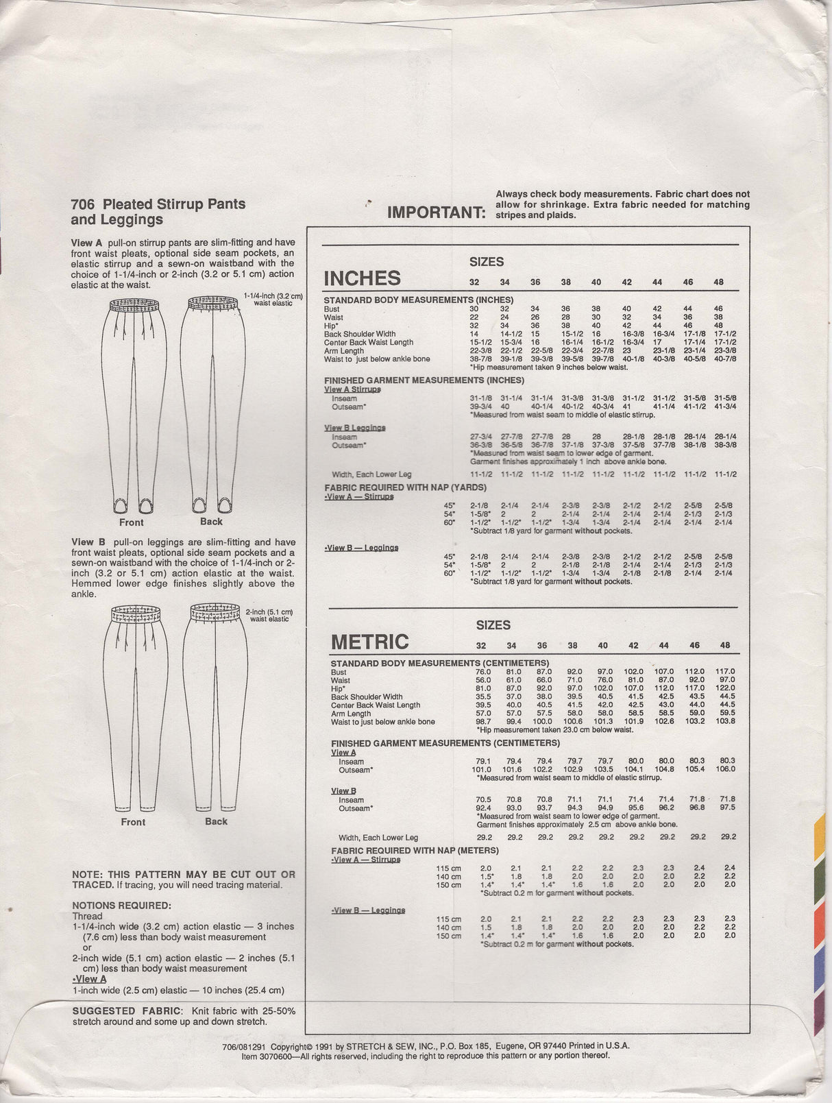 1990's Stretch & Sew Pleated Stirrup Pants and Leggings Pattern – Waist 22-38" - No. 706