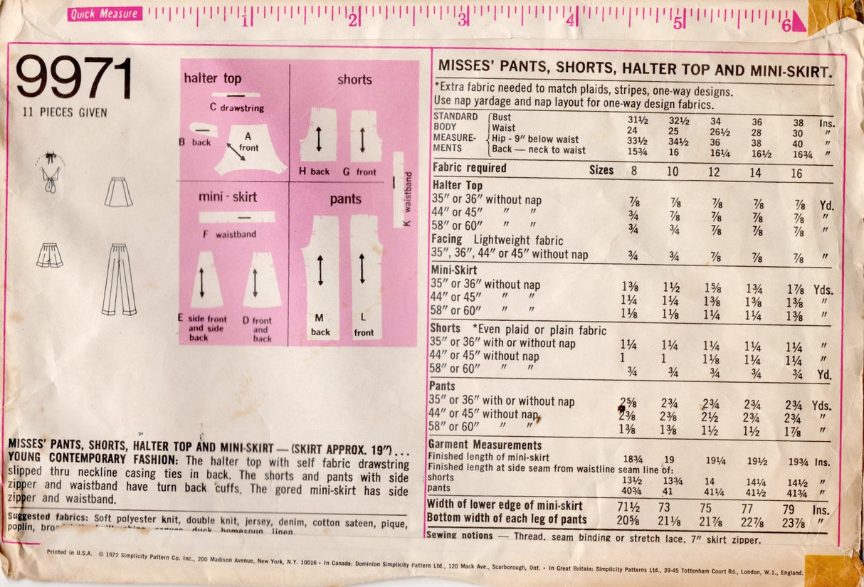 1970's Simplicity Tie Halter Tops, Skirt, Shorts or Pants Pattern Pattern - Bust 32.5" - No. 9971