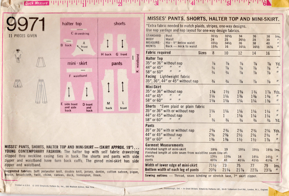 1970's Simplicity Tie Halter Tops, Skirt, Shorts or Pants Pattern Pattern - Bust 32.5" - No. 9971