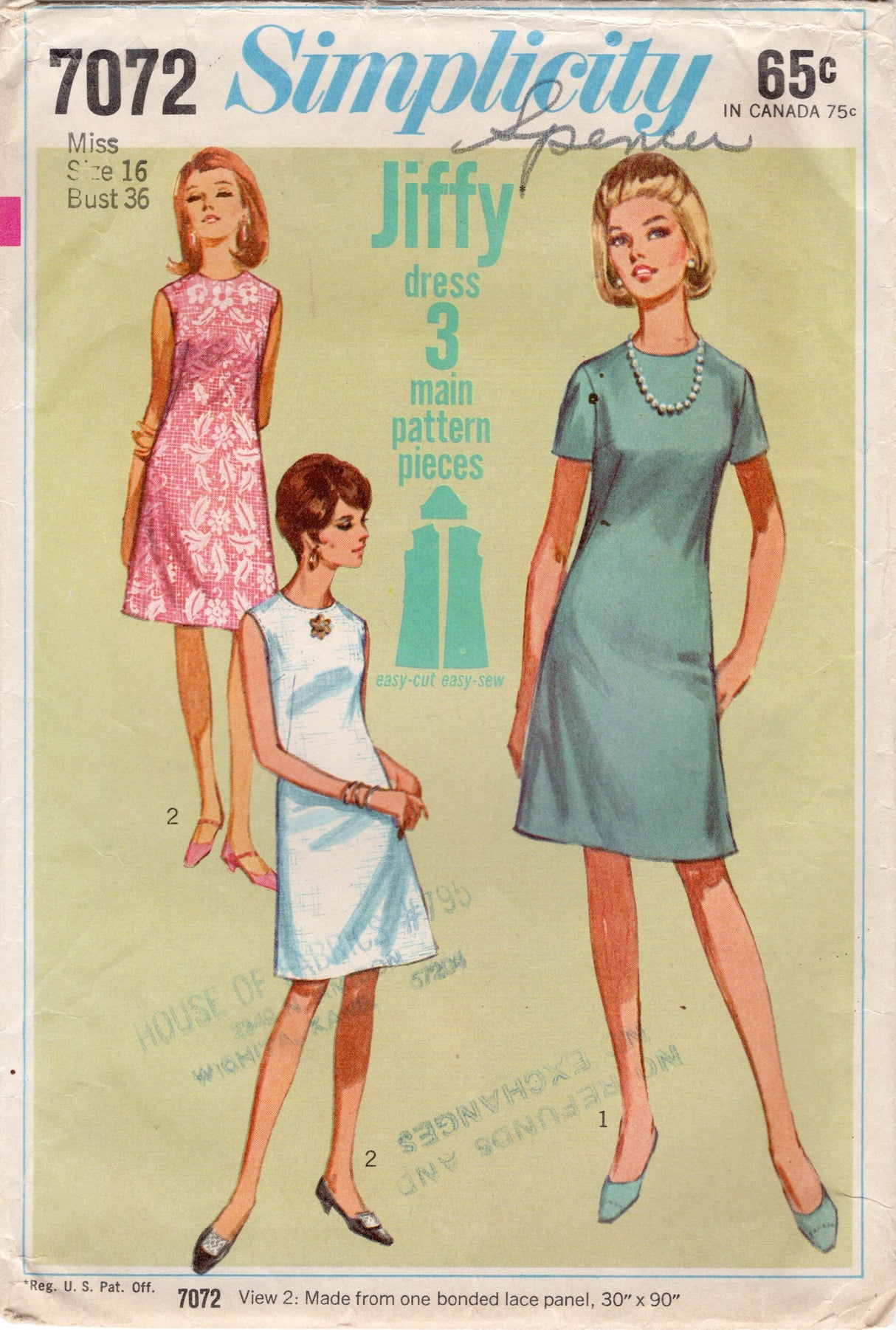1960’s Simplicity Jiffy Shift Dress Pattern - Bust 36” -  No. 7072