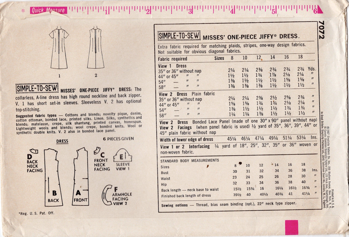 1960’s Simplicity Jiffy Shift Dress Pattern - Bust 36” -  No. 7072