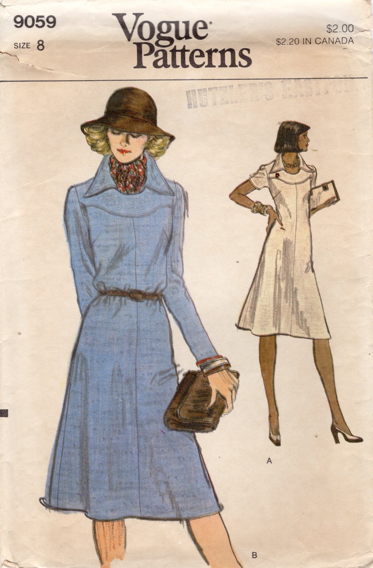 1970's Vogue Yoked Dress Pattern with Large Collar - Bust 31.5"- No. 9059