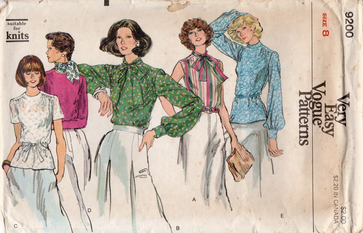 1970's Vogue Pussy Bow Blouse Pattern - Bust 31.5" - No. 9200