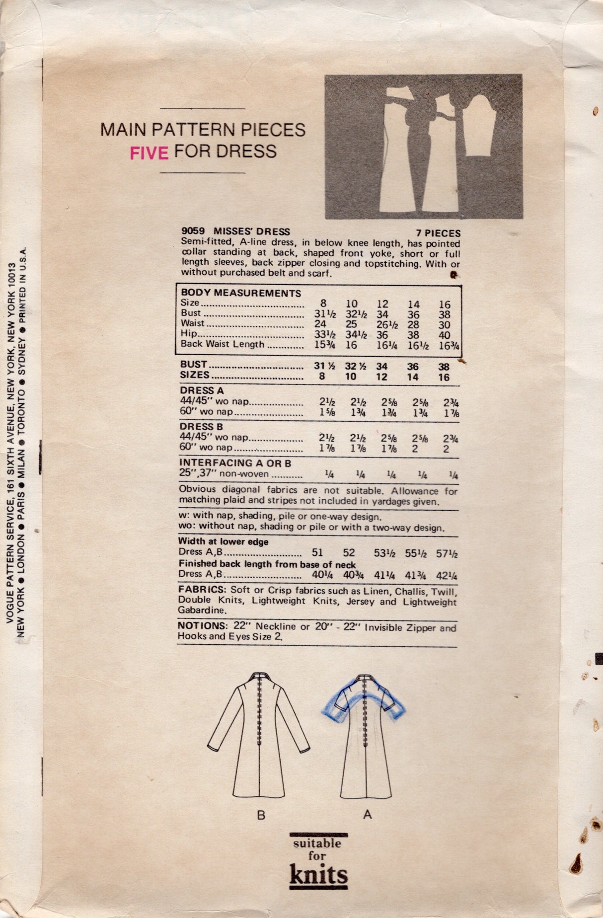 1970's Vogue Yoked Dress Pattern with Large Collar - Bust 31.5"- No. 9059