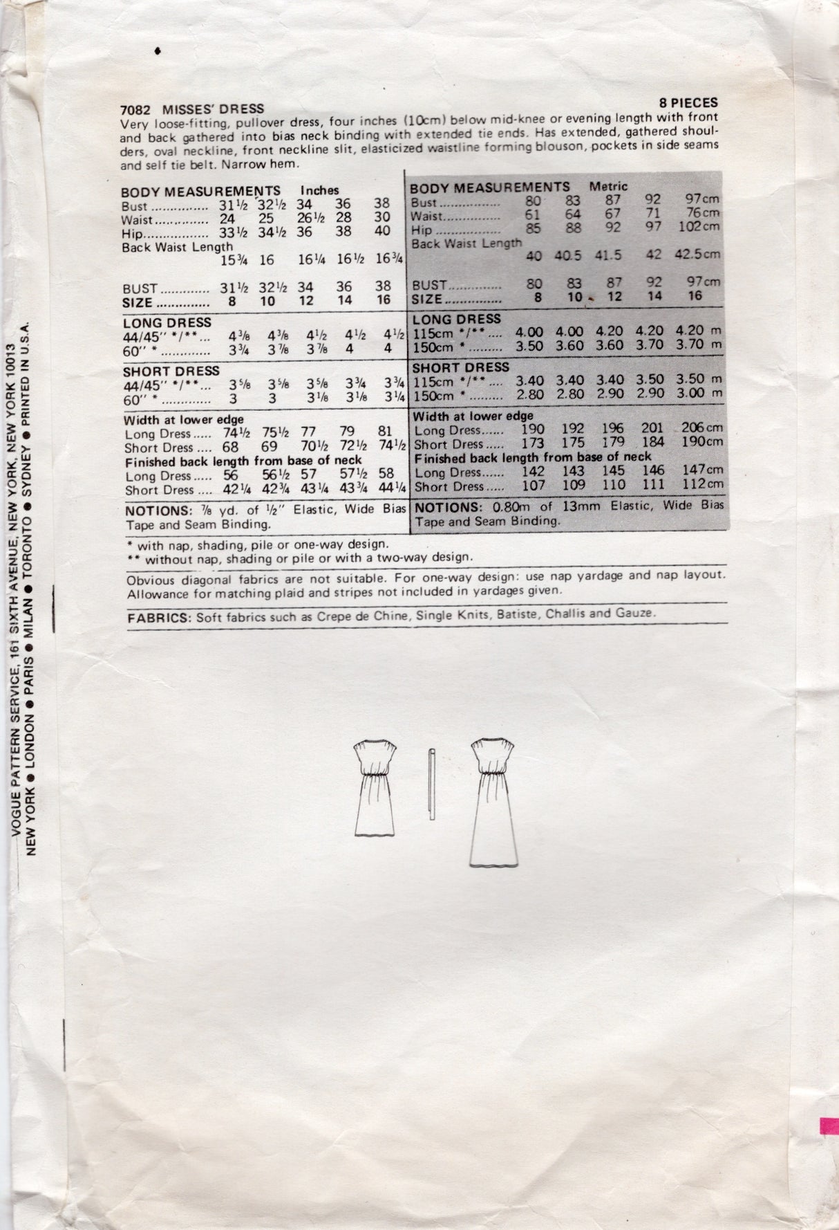 1970's Vogue Very Loose fitting Pullover Dress Pattern - Bust 32.5" - No. 7082