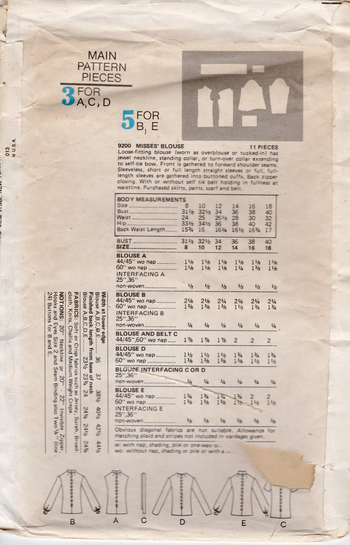 1970's Vogue Pussy Bow Blouse Pattern - Bust 31.5" - No. 9200