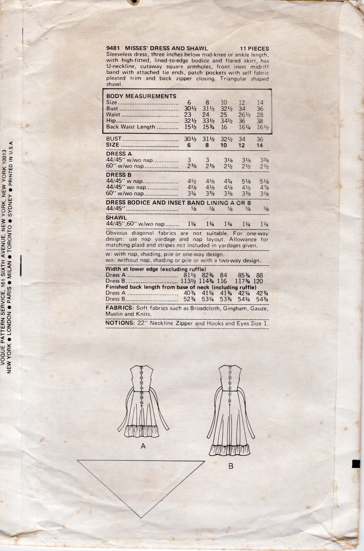 1970's Vogue Midi or Maxi Dress and Shawl Pattern – Bust 32.5” - No. 9481