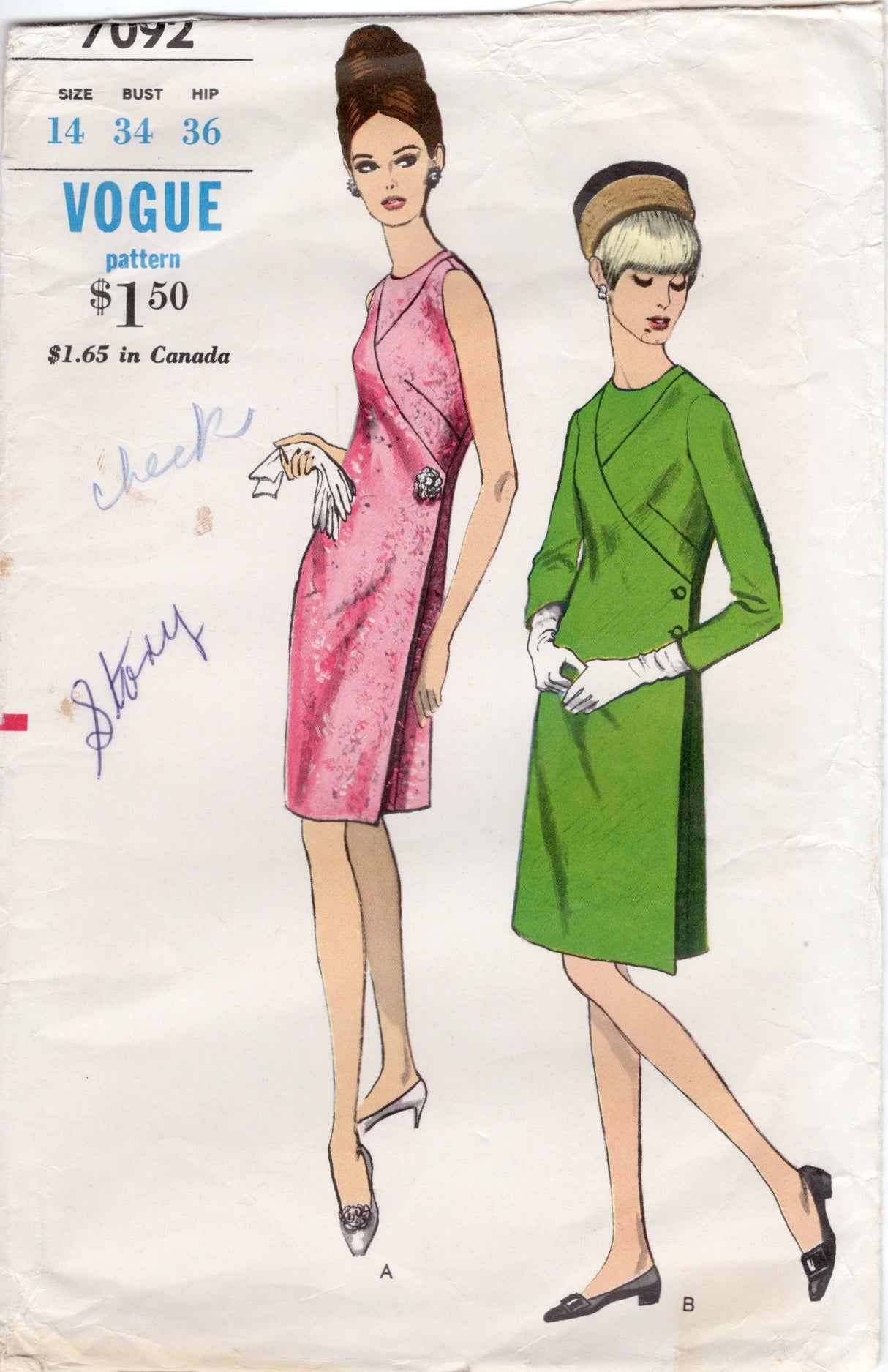 1960's Vogue Wrap Dress Pattern with Accent Yoke - Bust 34" - No. 7092