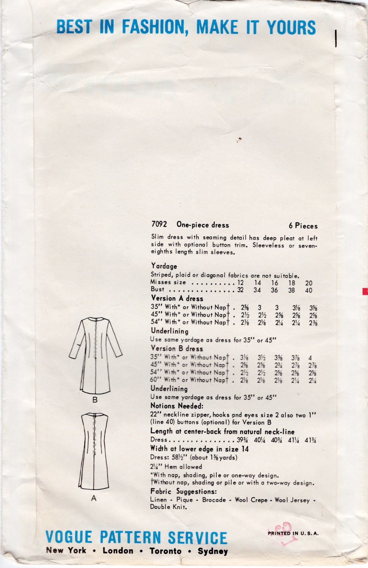1960's Vogue Wrap Dress Pattern with Accent Yoke - Bust 34" - No. 7092