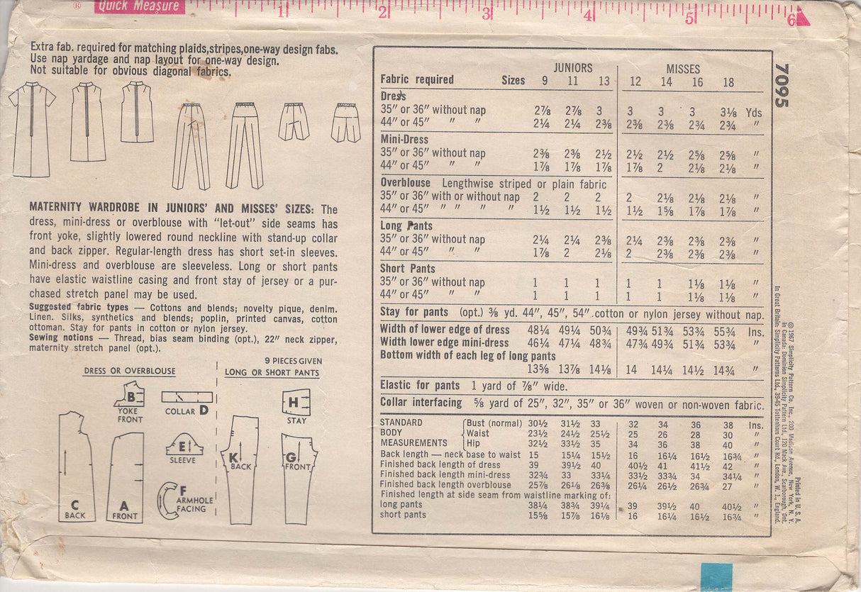 1960's Simplicity Maternity Dress, Top and Pants or Shorts pattern - Bust 32" - No. 7095