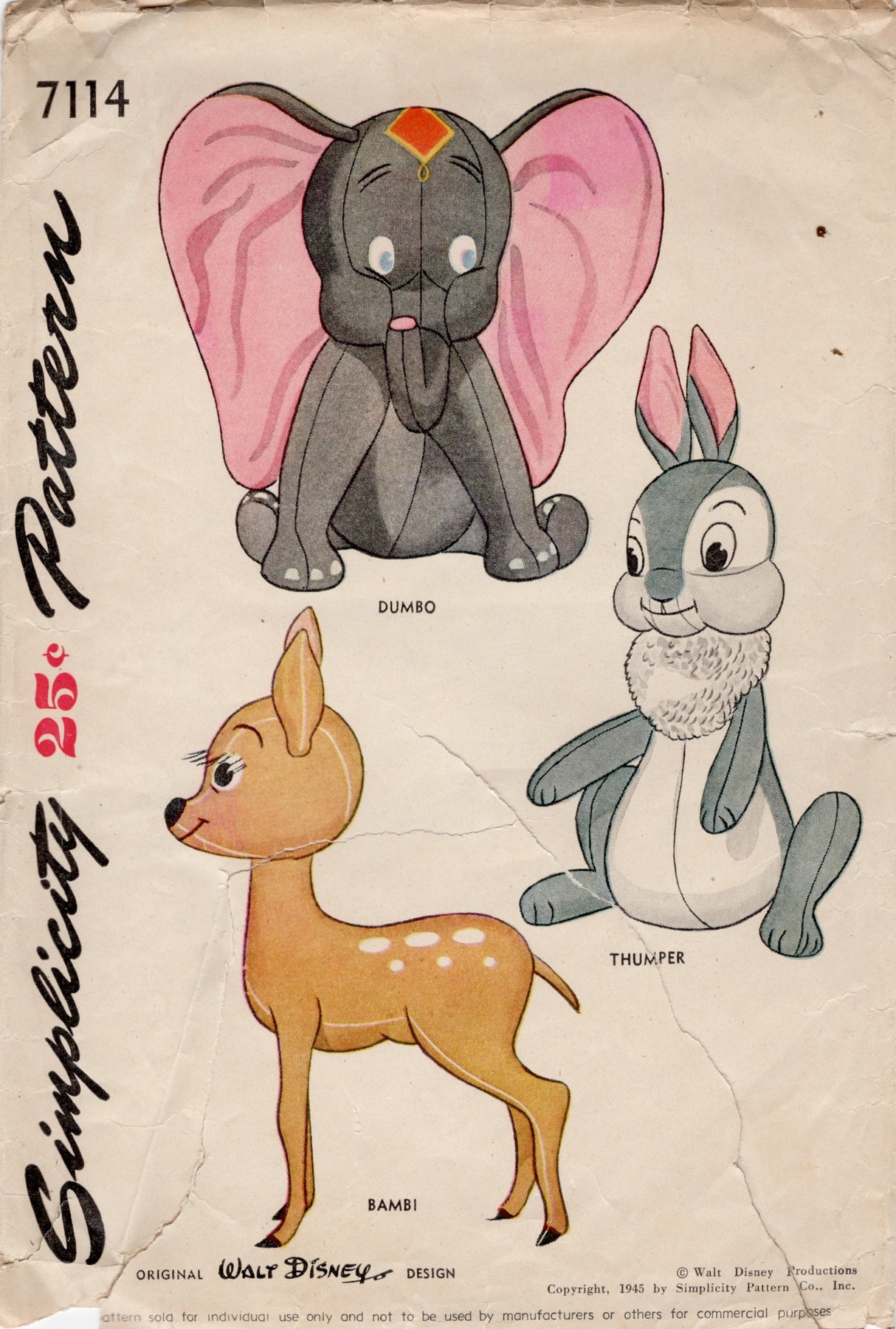 1940's Simplicity Dumbo, Thumper and Bambi Stuffed Animal Pattern - No. 7114