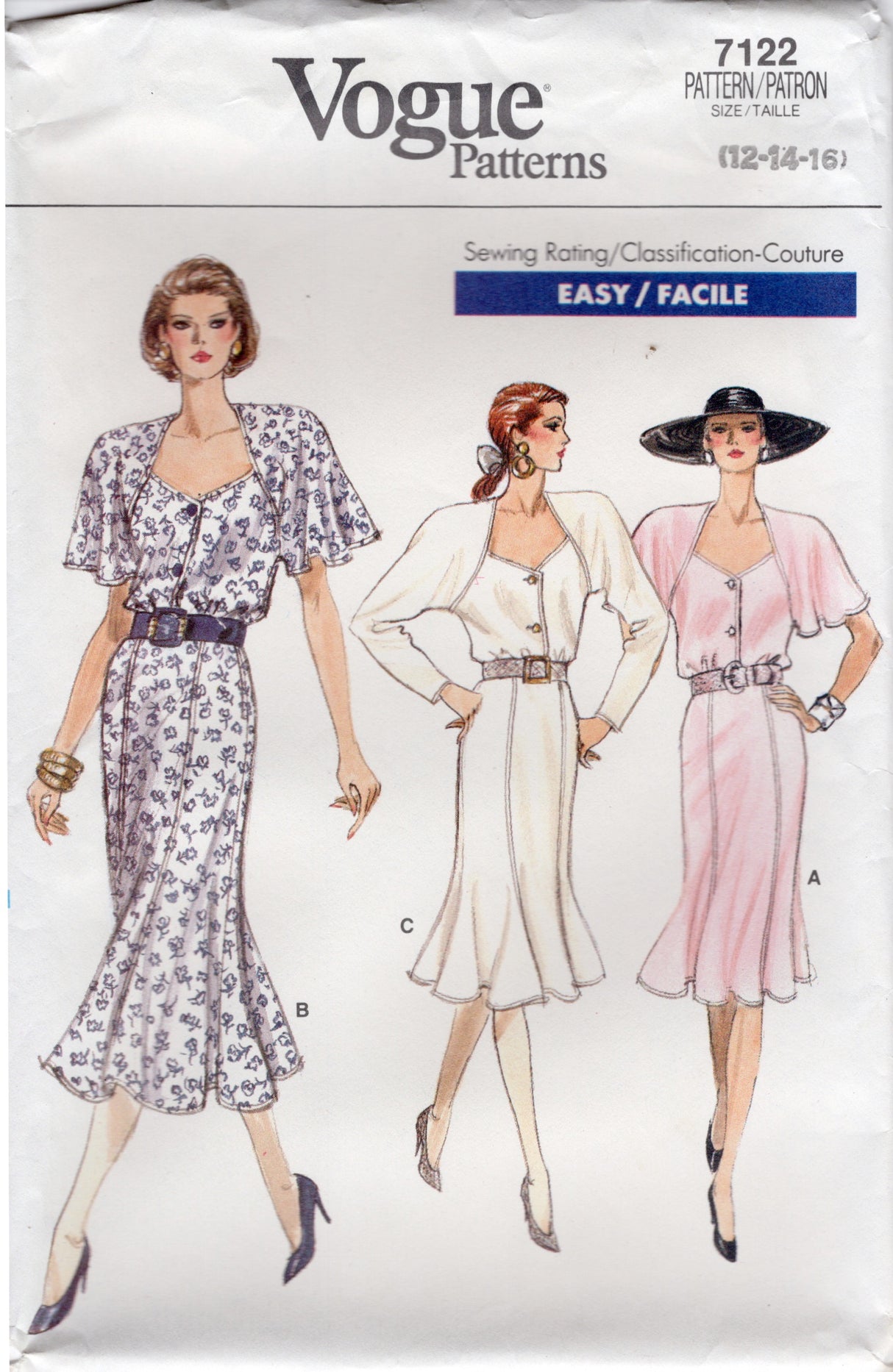 1980's Vogue Shirtwaist Dress Pattern with Raglan Sleeves - Bust 34-38" - No. 7122