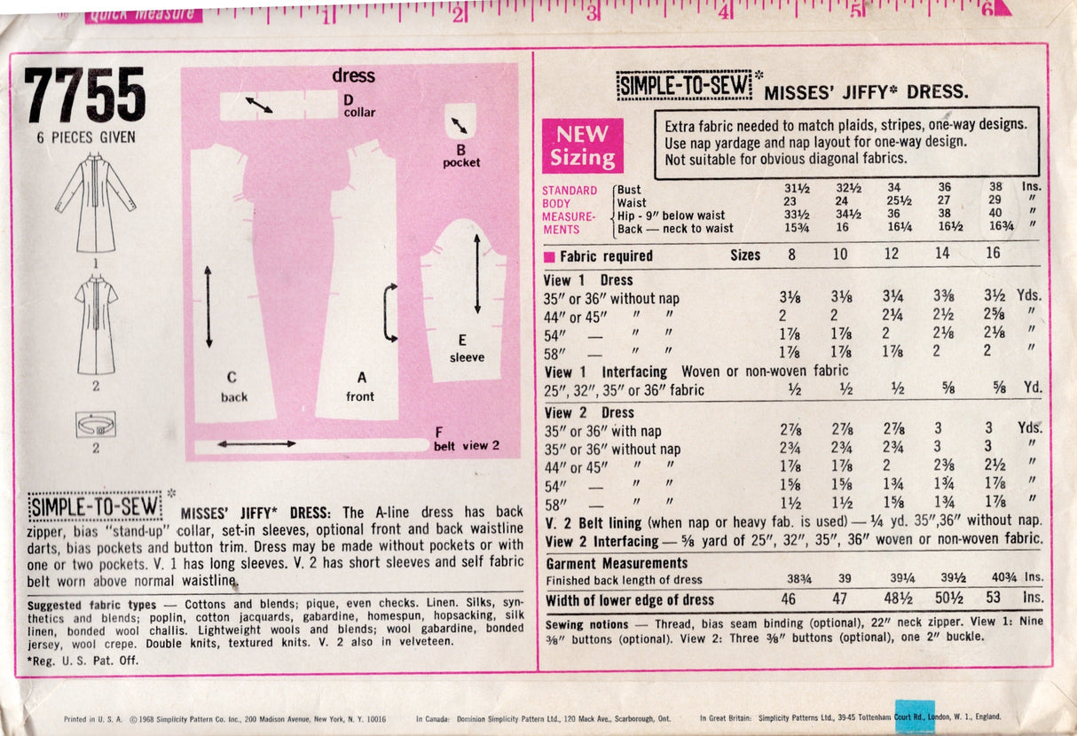 1960’s Simplicity Jiffy A-Line Dress Pattern with Pocket - Bust 38” - No. 7755