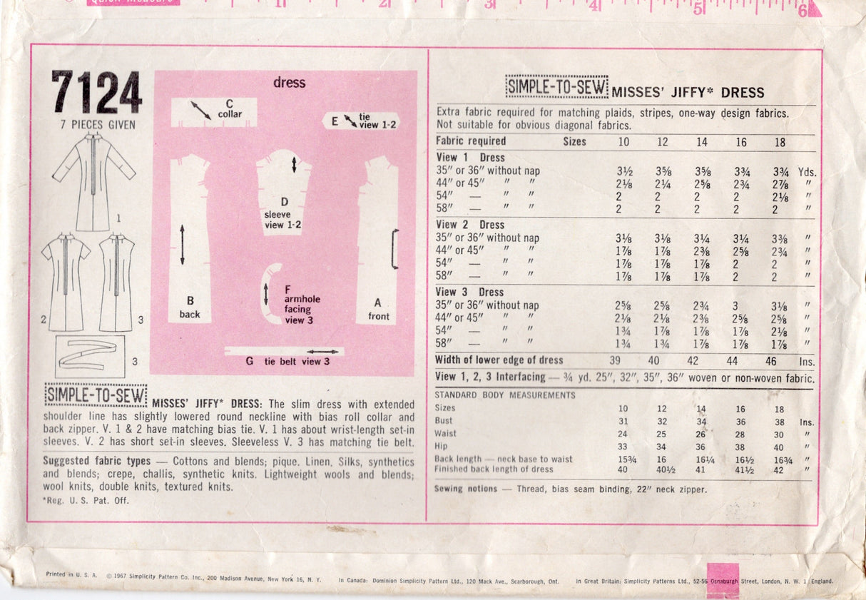 1960’s Simplicity Jiffy Sheath Dress Pattern - Bust 38” - No. 7124