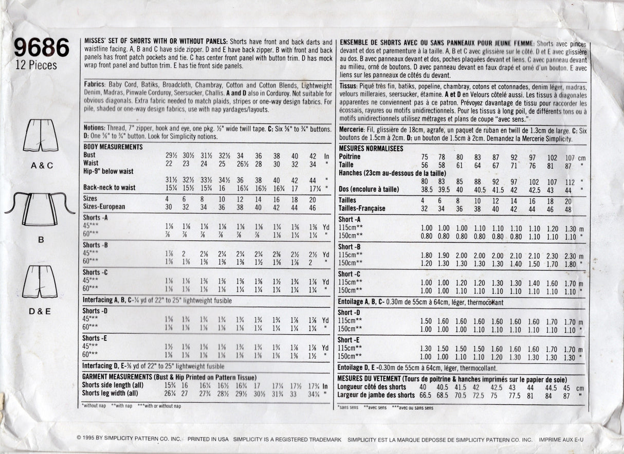 1990's Simplicity Shorts with or without Panels Pattern - Waist 22-24" - No. 9686