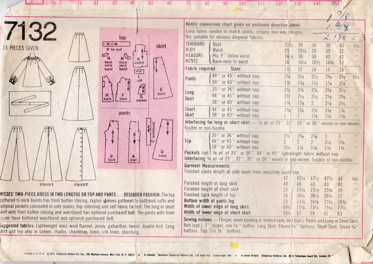 1970's Simplicity Two Piece Dress or Pantsuit Pattern - Bust 36" - No. 7132