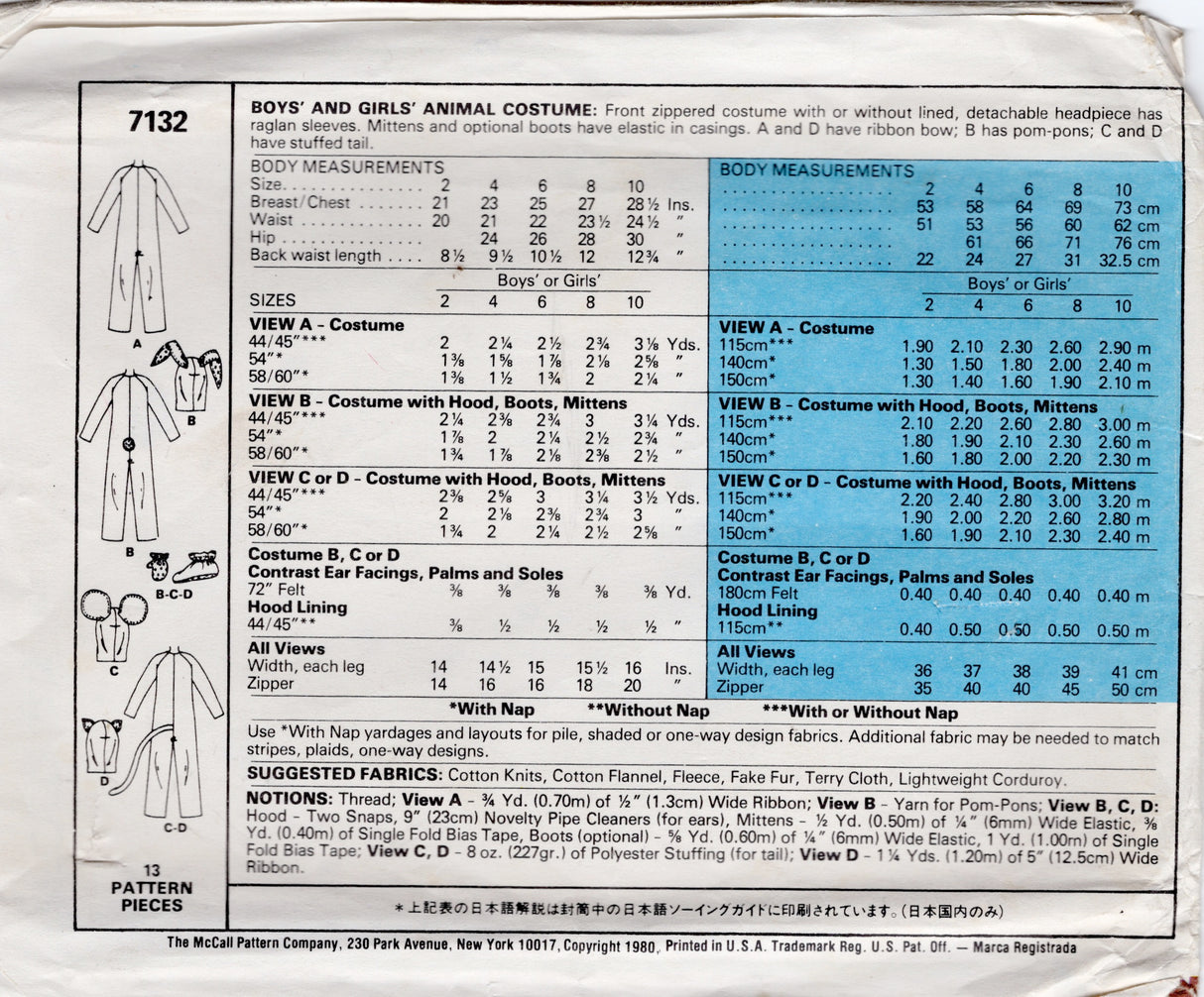 1980's McCall’s Child’s Animal Zip Front Costume Pattern feat. Cat, Mouse, Bunny- Chest 25" - No. 7132
