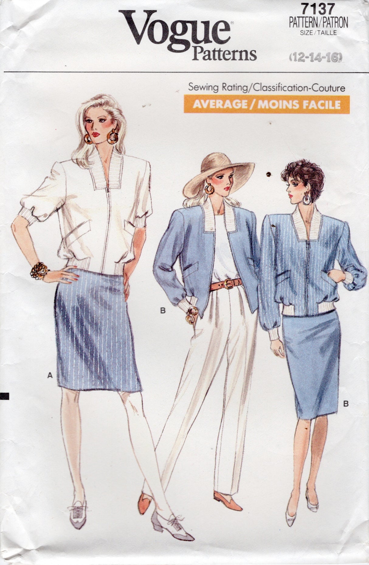 1980's Vogue Zip Front Jacket, Slim Skirt and Pants Pattern - Bust 34-38" - No. 7137
