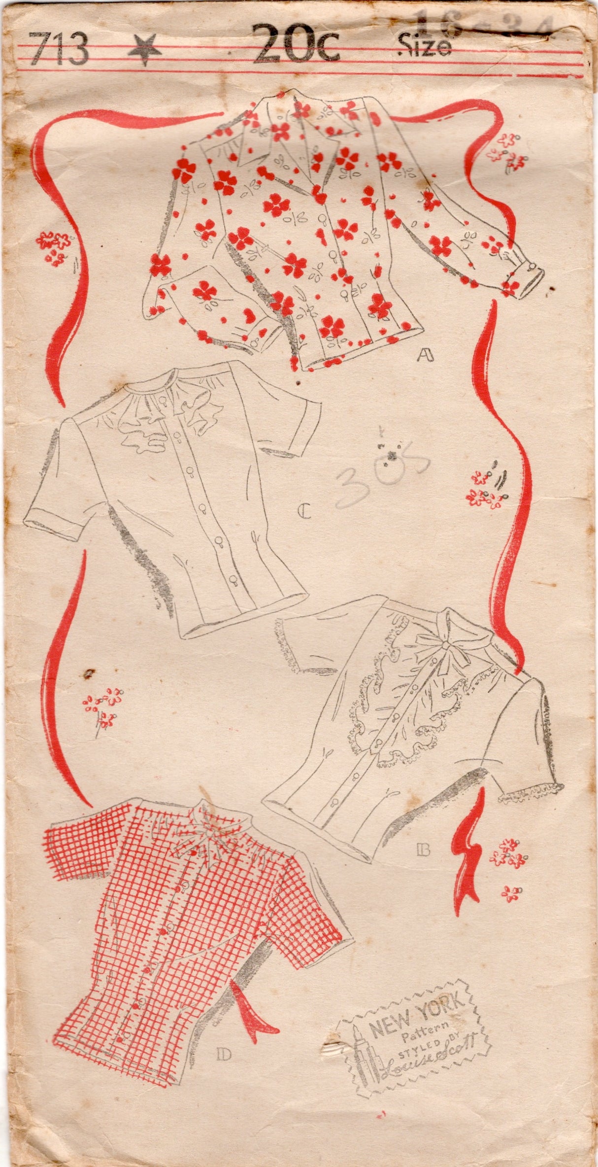 1940's New York Button Up Blouse Pattern with Regular Collar or Stand Collar and Detachable Jabots - Bust 34" - No. 713