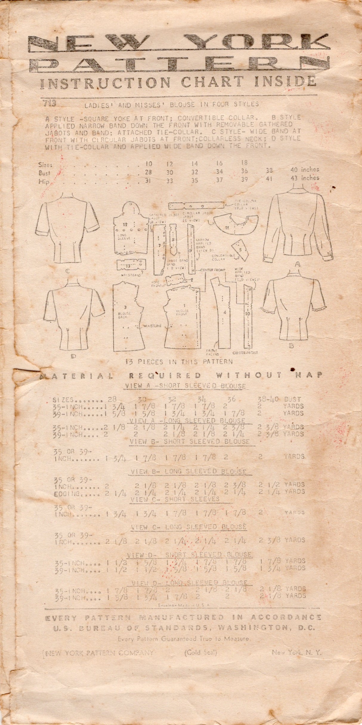 1940's New York Button Up Blouse Pattern with Regular Collar or Stand Collar and Detachable Jabots - Bust 34" - No. 713