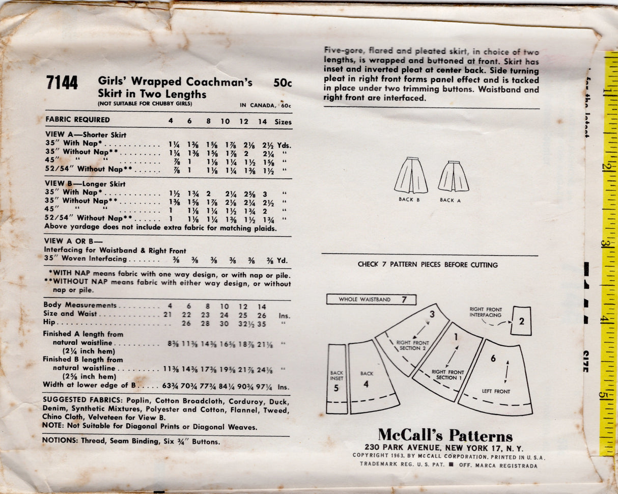 1960's McCall's Child's Wrap-Skirt Pattern - Waist 23" - No. 7144