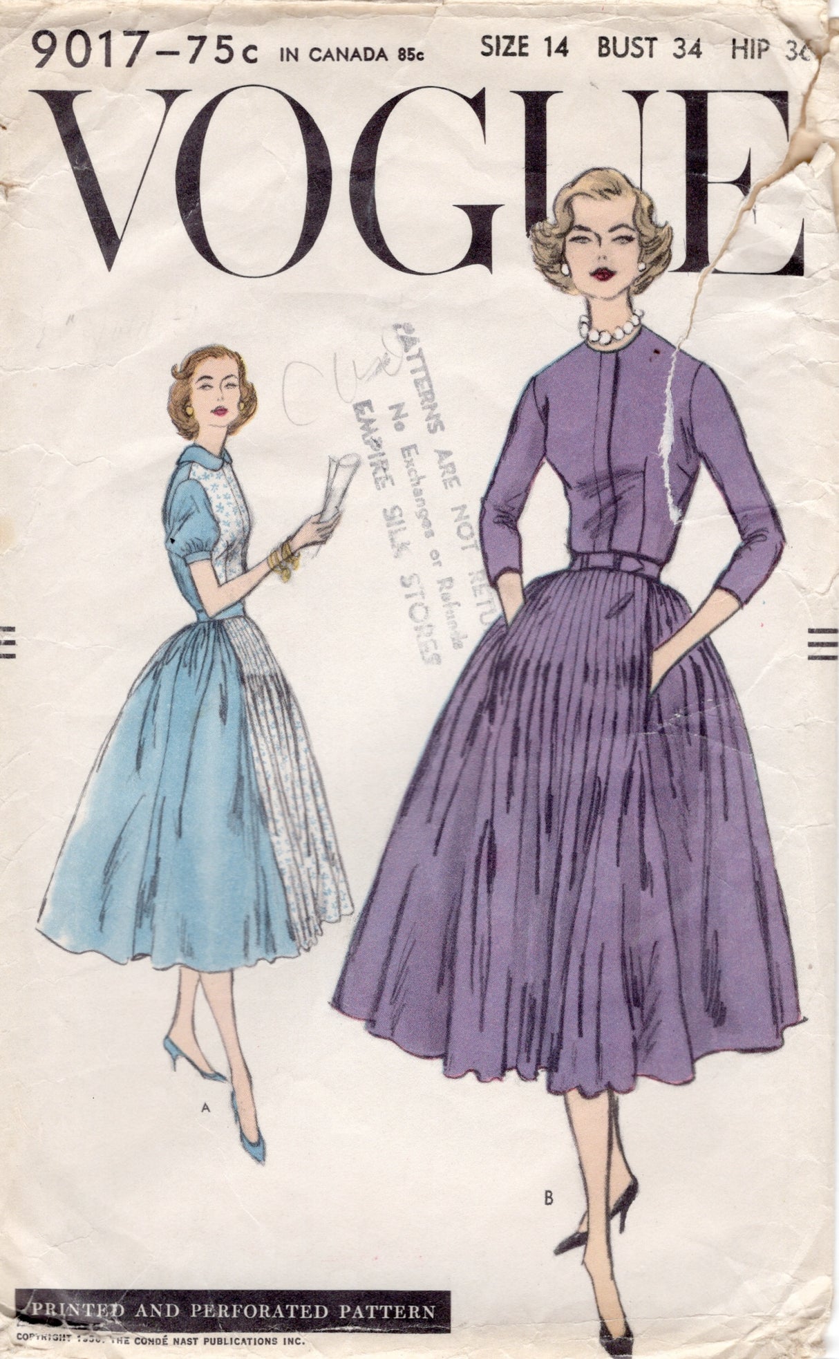 1950’s Vogue Shirtwaist Dress Pattern with Fly front and Pleated Detail Skirt - Bust 34” - No. 9017