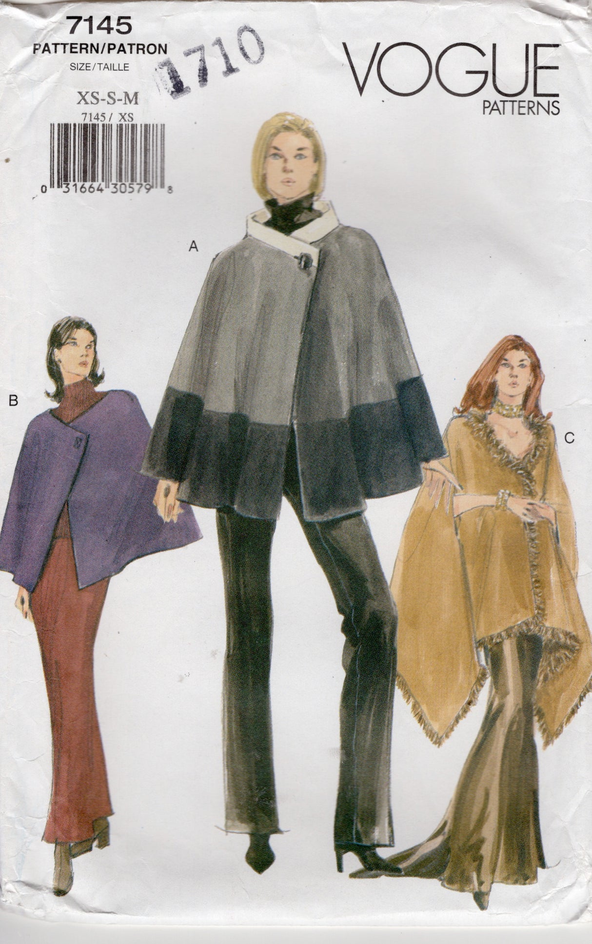 1990's Vogue Cape Pattern in 3 lengths with Asymmetrical Closing - Bust 30.5-36" - No. 7145
