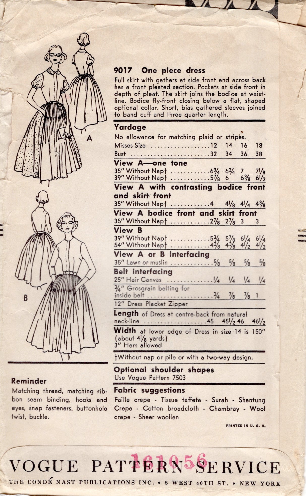 1950’s Vogue Shirtwaist Dress Pattern with Fly front and Pleated Detail Skirt - Bust 34” - No. 9017