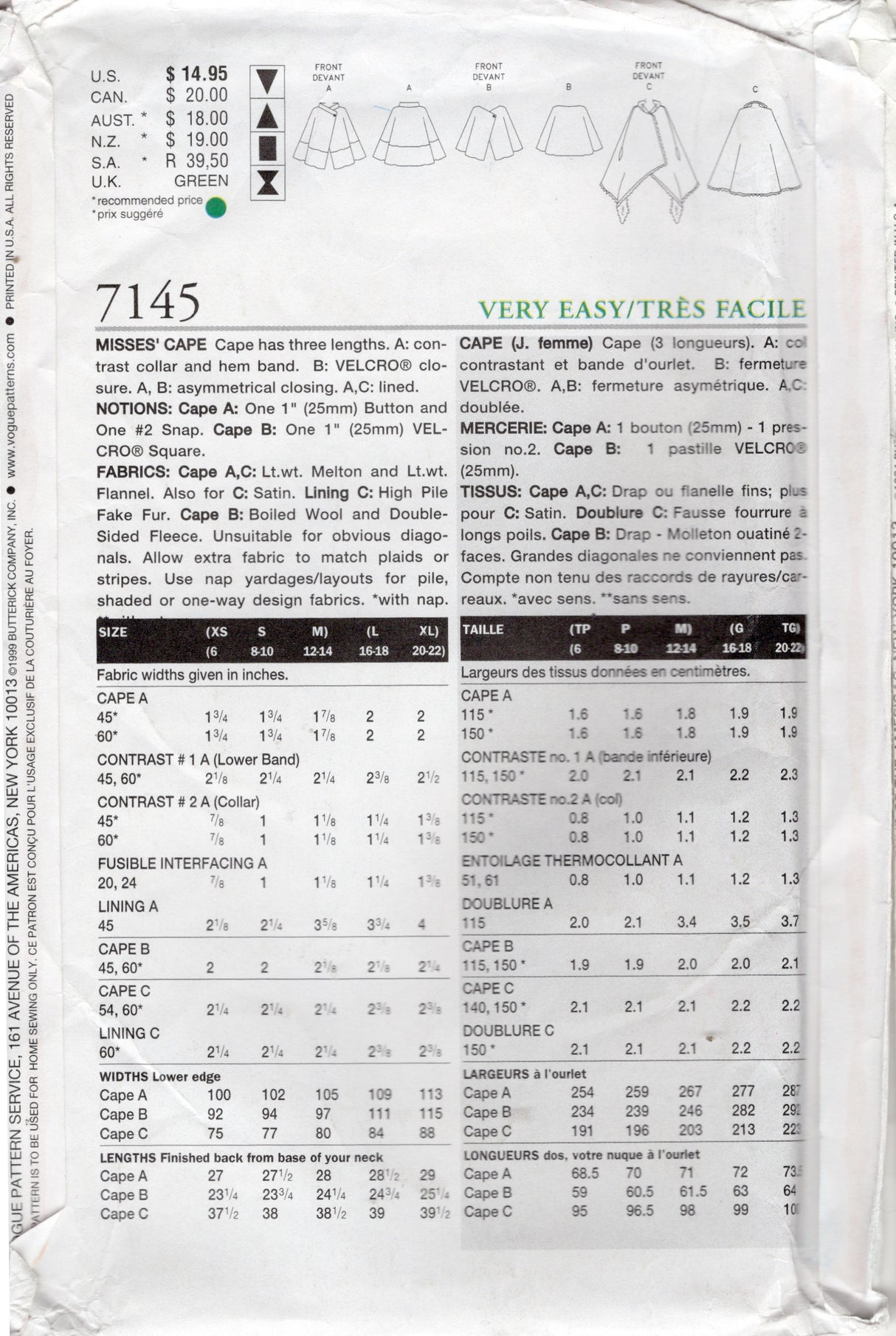 1990's Vogue Cape Pattern in 3 lengths with Asymmetrical Closing - Bust 30.5-36" - No. 7145