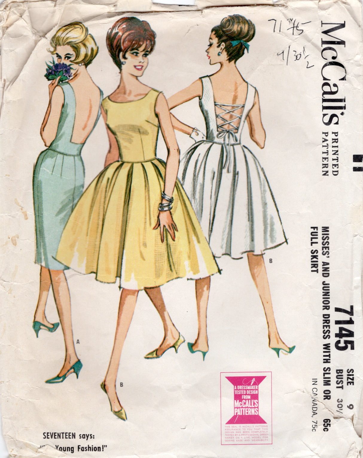 1960's McCall's One Piece Dress Pattern with Low Cut Back and Full or Slim Skirt - Bust 30.5" - No. 7145
