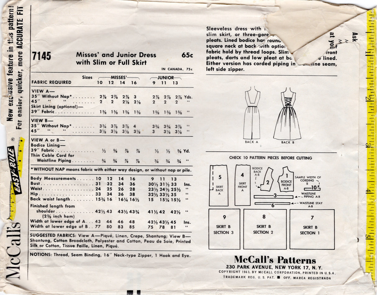 1960's McCall's One Piece Dress Pattern with Low Cut Back and Full or Slim Skirt - Bust 30.5" - No. 7145