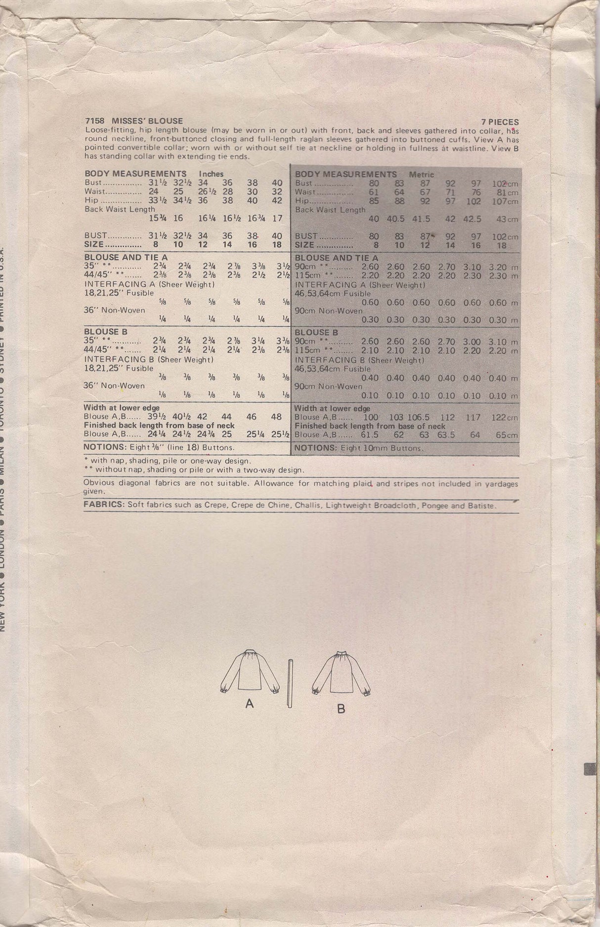 1970's Vogue Button Up Blouse with Raglan Sleeves - Bust 34" - No. 7158