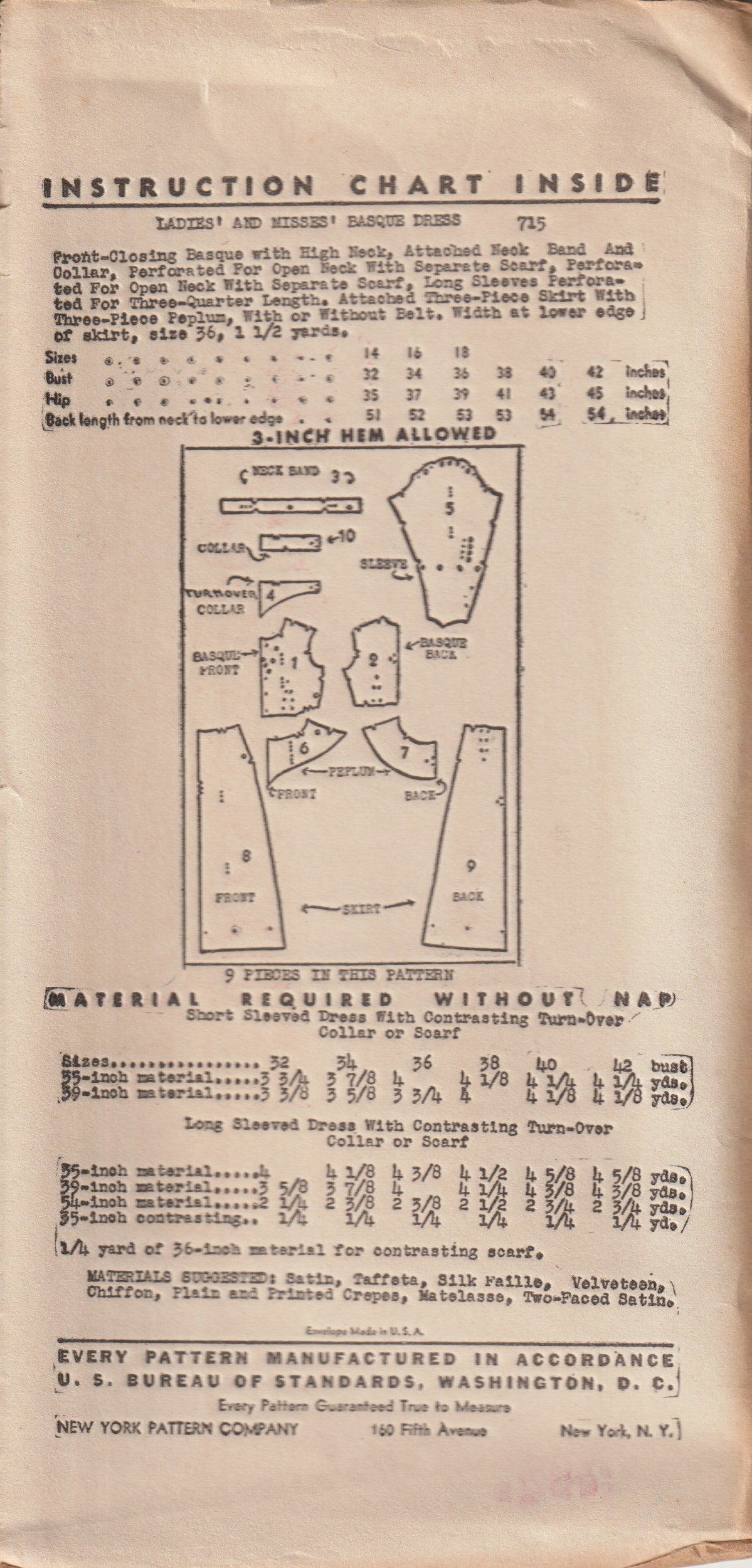 1930's New York Basque Waist Dress Pattern with Peplum - Bust 40" - No. 715